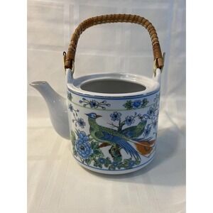 Imari Ware Teapot Vintage Bamboo Handle Japanese Birds And Floral Motif *No Lid*